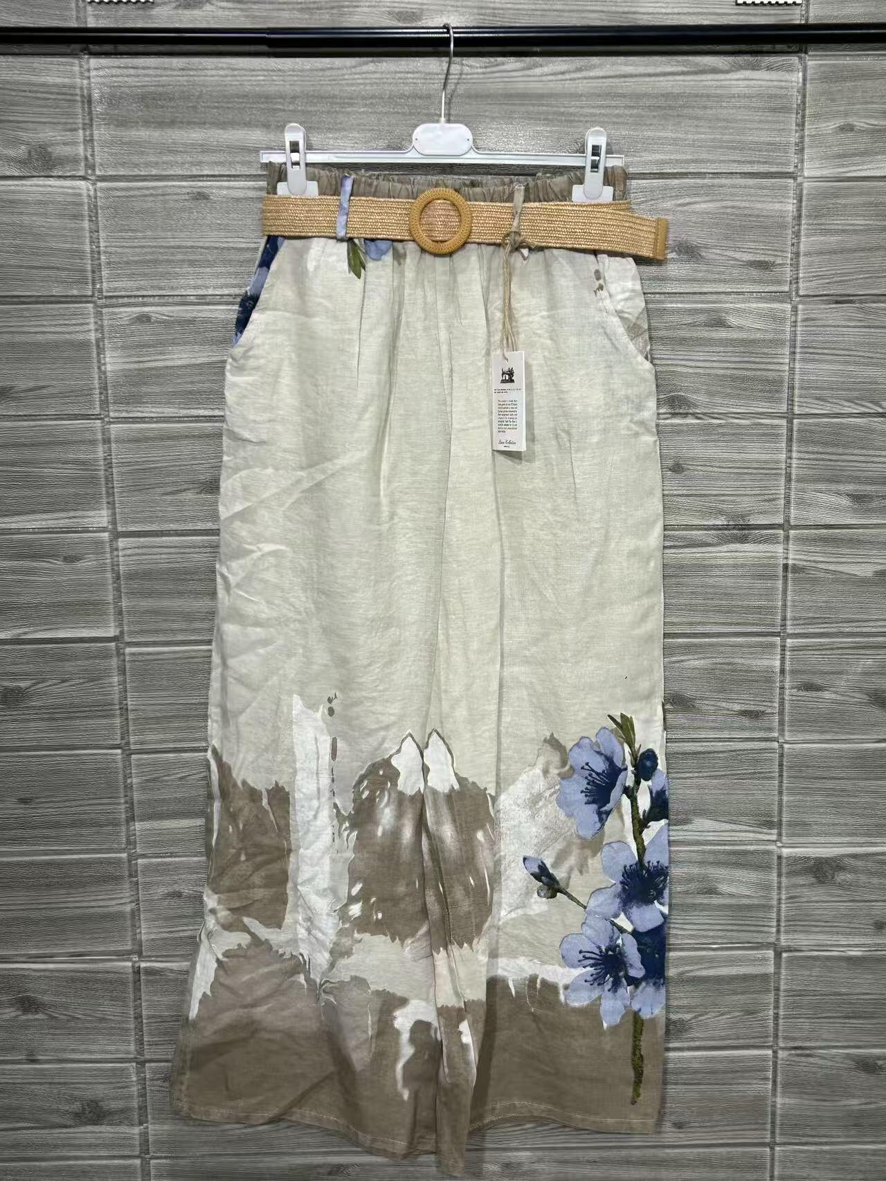 ZOPLP1EC Watercolor Floral Linen Pants Ecru
