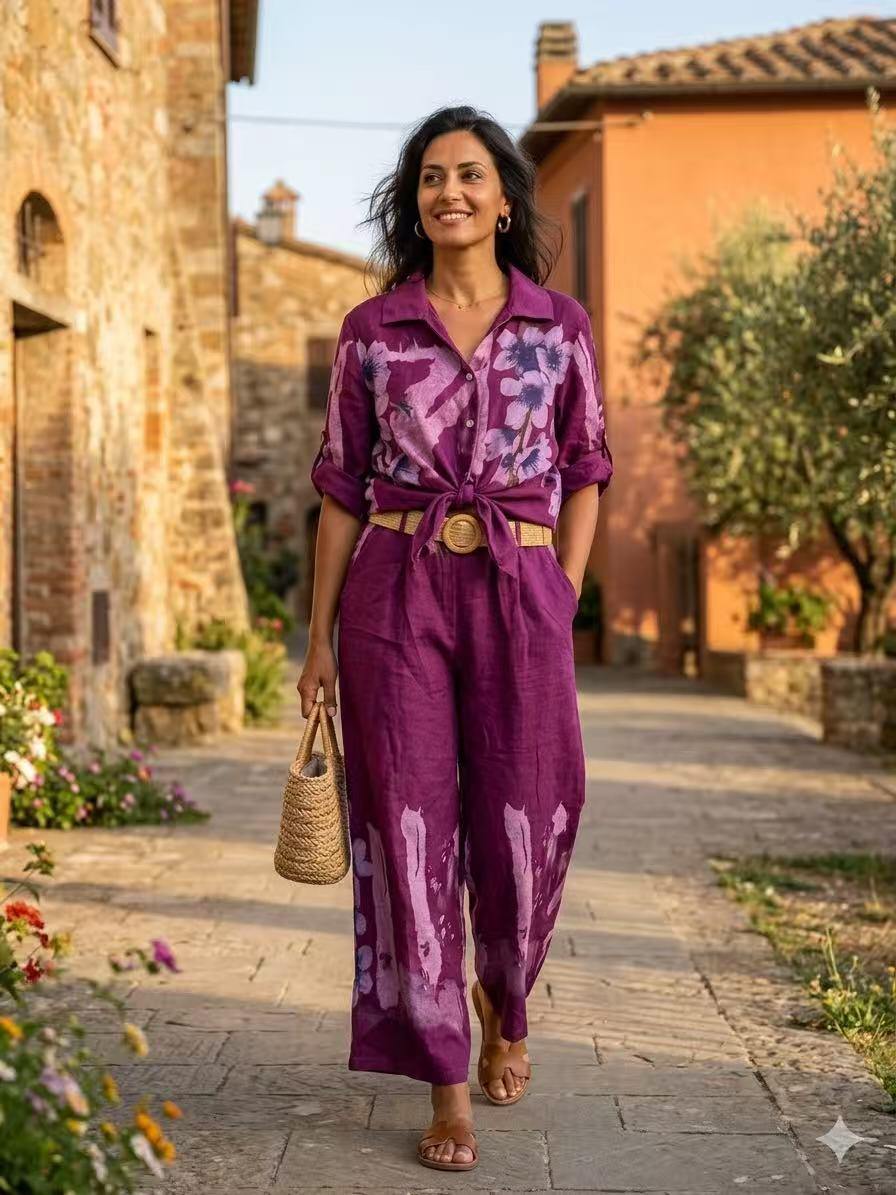 ZOPLP1RS Watercolor Floral Linen Pants Raspberry
