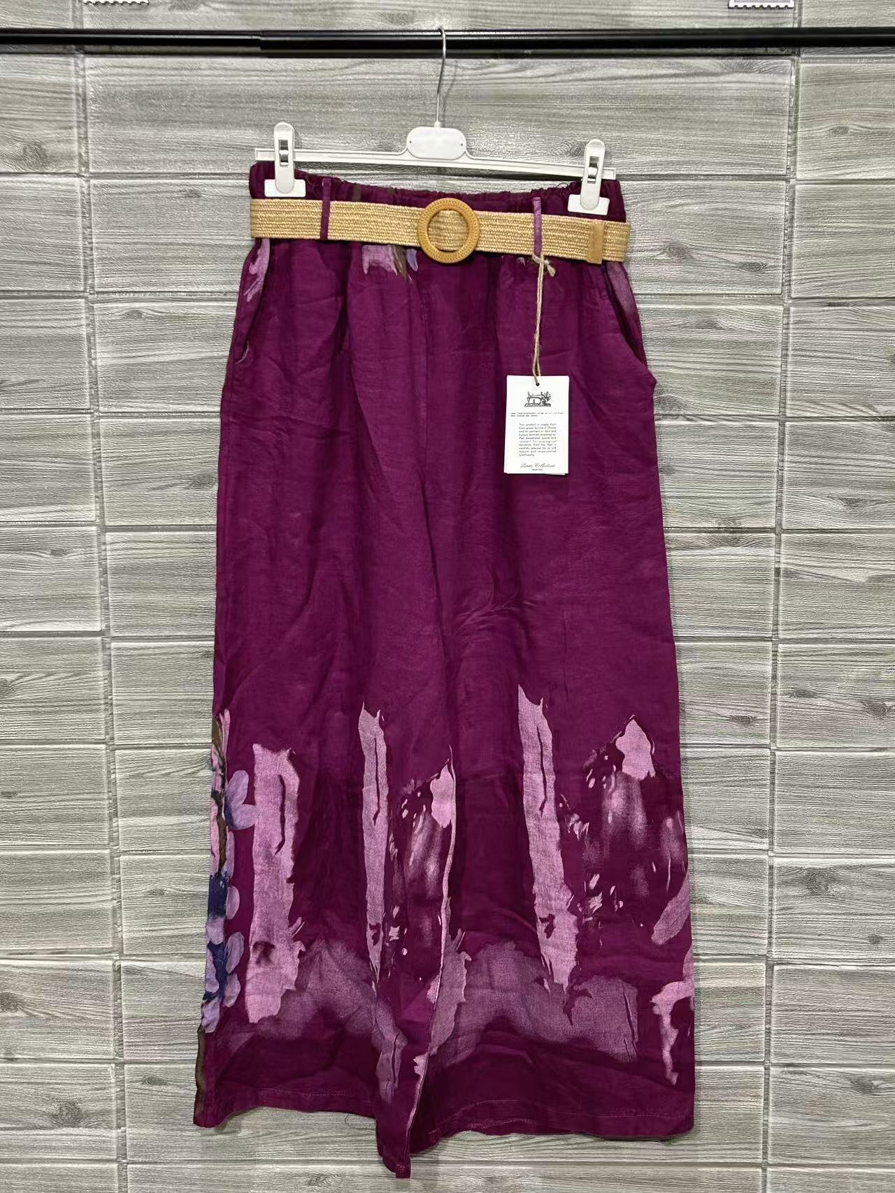ZOPLP1RS Watercolor Floral Linen Pants Raspberry