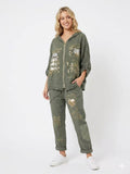 ZOPLP3KH Gold Foil Print Linen Pants Khaki