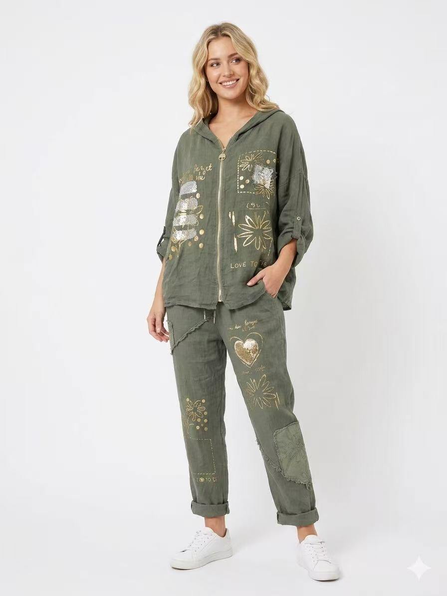 ZOPLP3KH Gold Foil Print Linen Pants Khaki