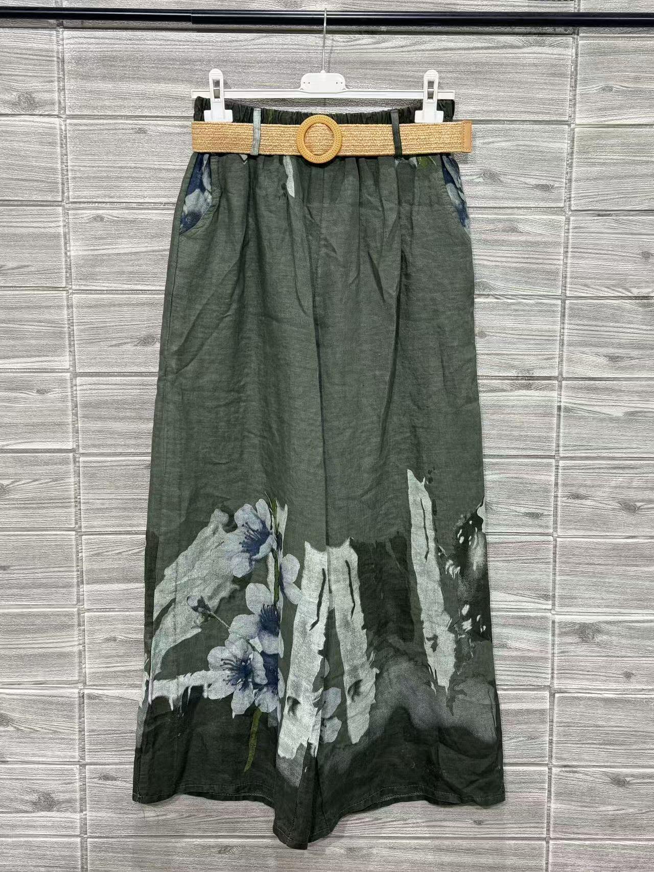 ZOPLP1KH Watercolor Floral Linen Pants Khaki
