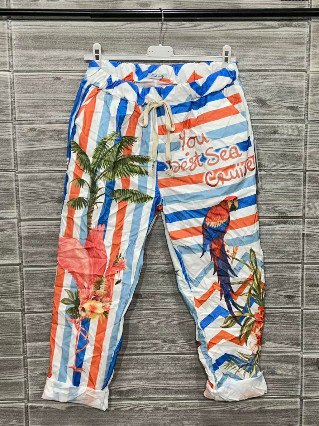 ZOPNT3WH Parrot Stripe Print Pants White