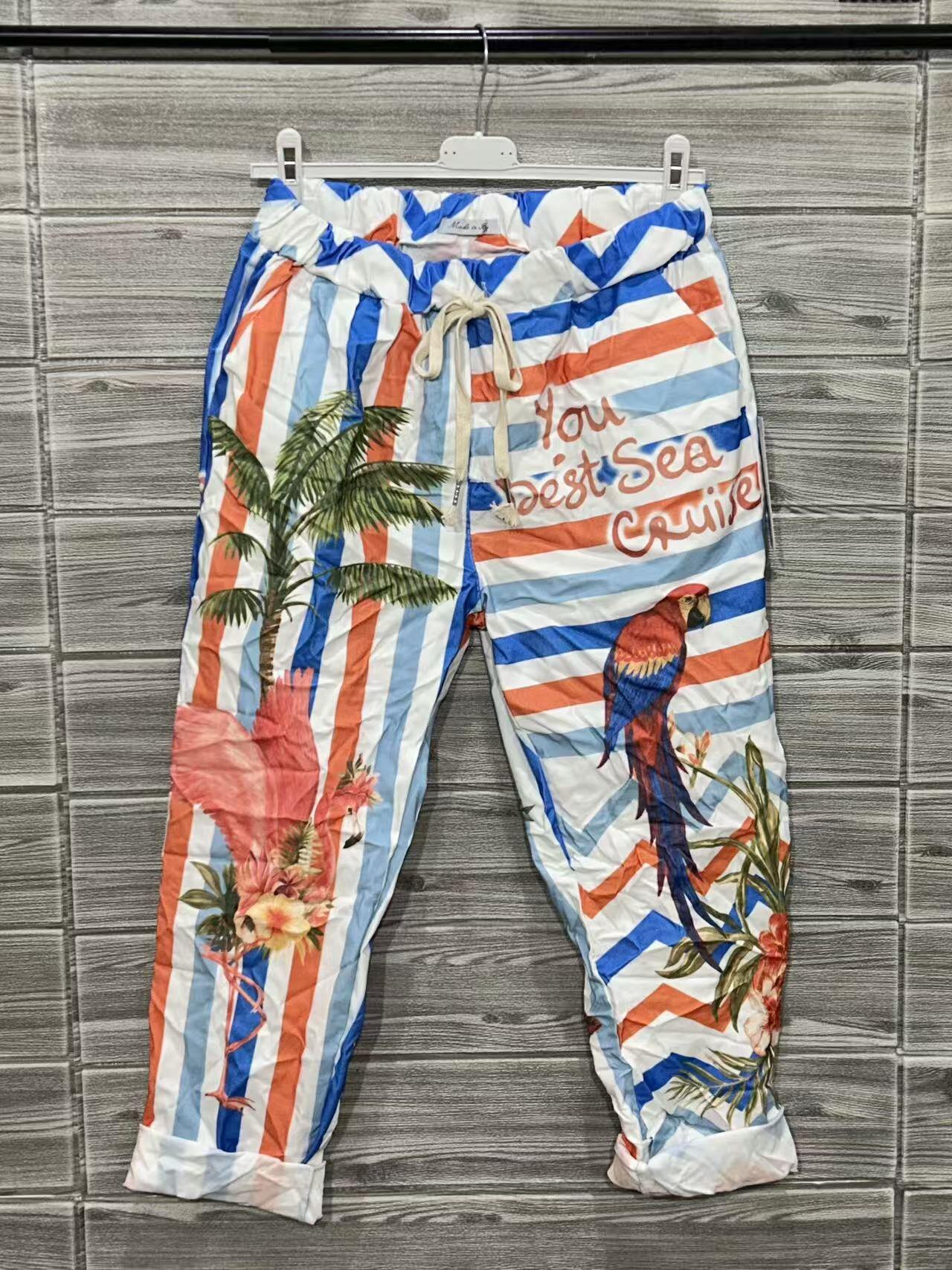 ZOPNT3WH Parrot Stripe Print Pants White
