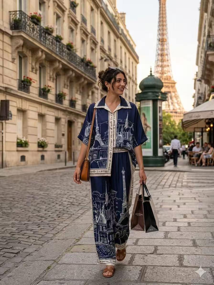 ZOPCPNV Paris Print Pants Navy