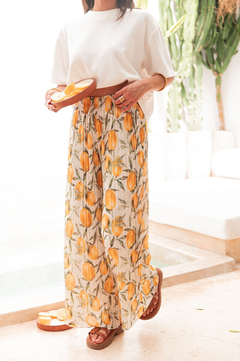 ESTLEMWH Pleated Palazzo Pants Lemon Print White