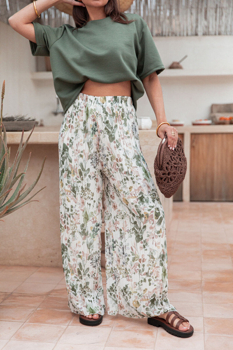 ESTPPPKH Pleated Palazzo Printed Pants Khaki