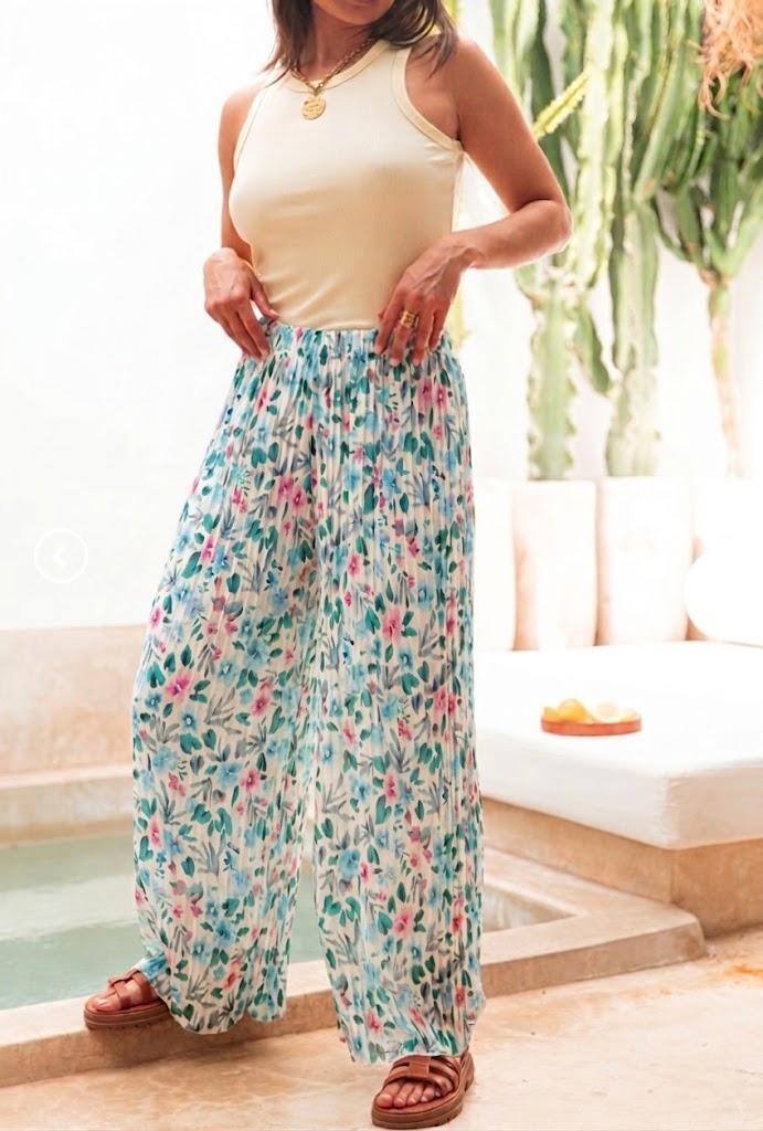 ESTFLPLB Pleated Palazzo Floral Pants Light Blue