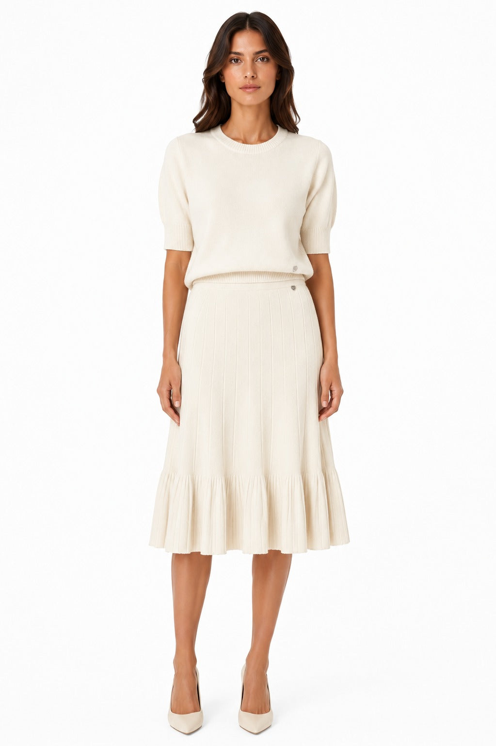 LUMKS7 Cream Ruffle Hem Skirt