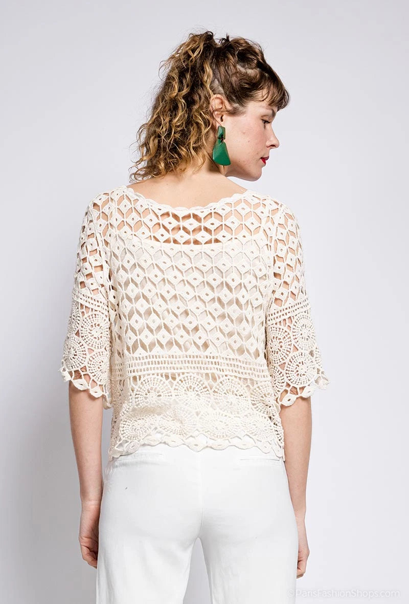 MSTCDBG Crochet Cotton Top with Tank Liner Beige