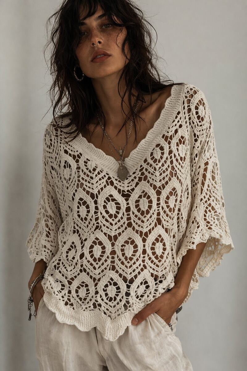 LUGVS Geo V-Neck Crochet Sweater Cotton One Size S/M