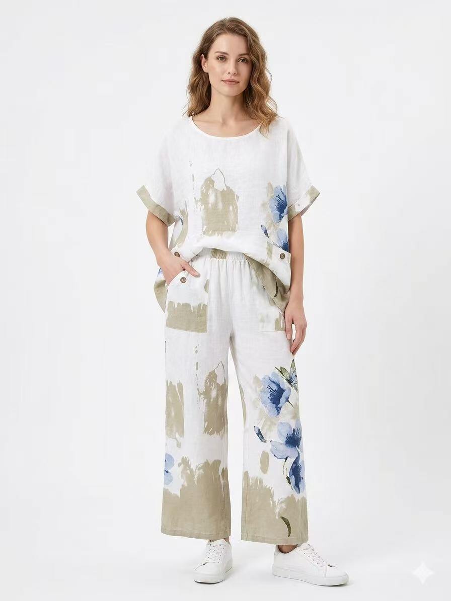 ZOSW1WH Watercolor Floral Linen Top White