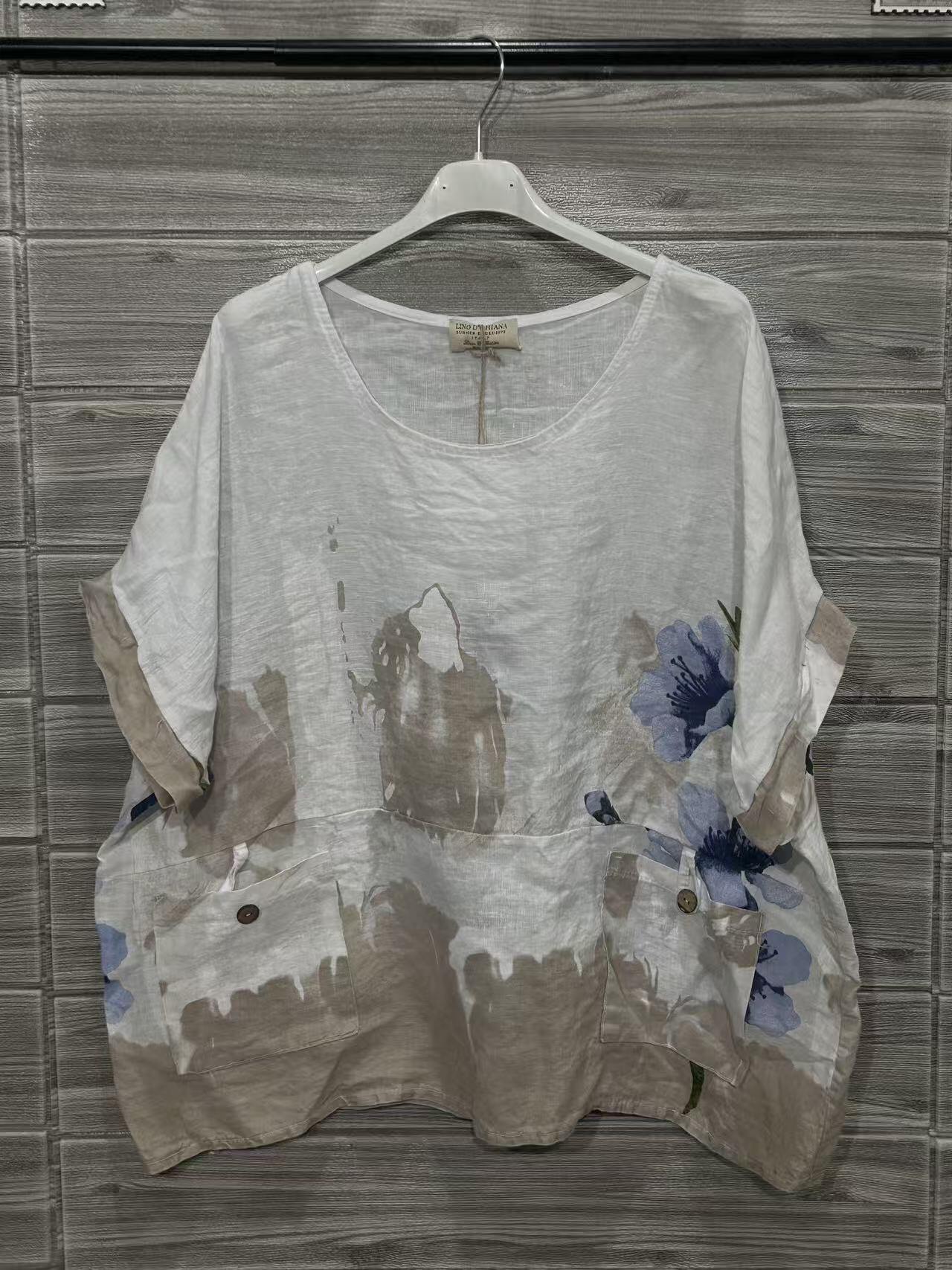 ZOSW1WH Watercolor Floral Linen Top White