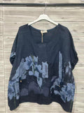ZOSW1DB Watercolor Floral Linen Top Dark Blue