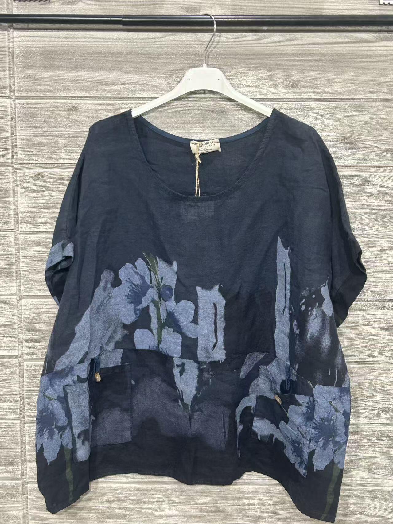 ZOSW1DB Watercolor Floral Linen Top Dark Blue