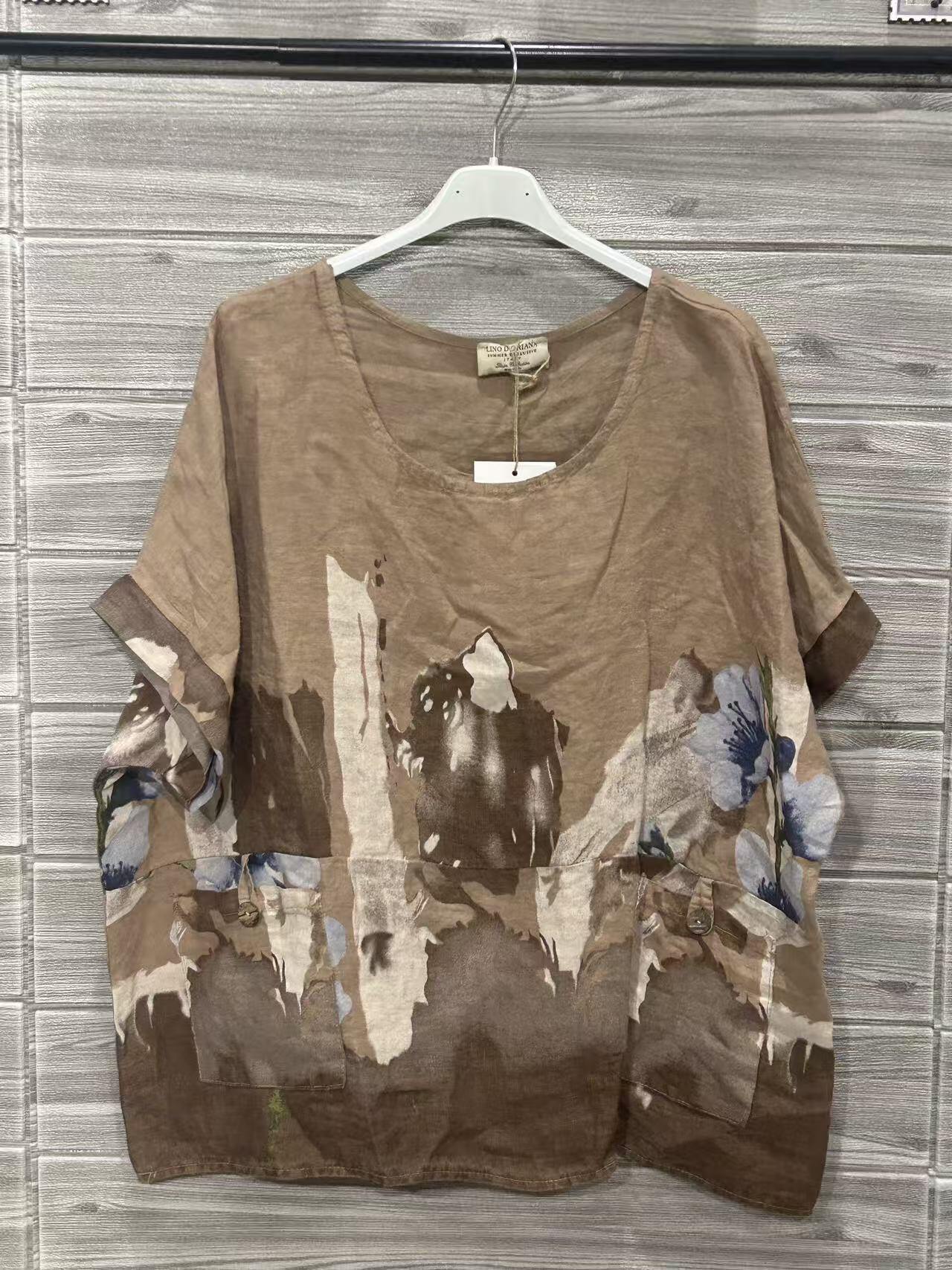 ZOSW1CM Watercolor Floral Linen Top Caramel
