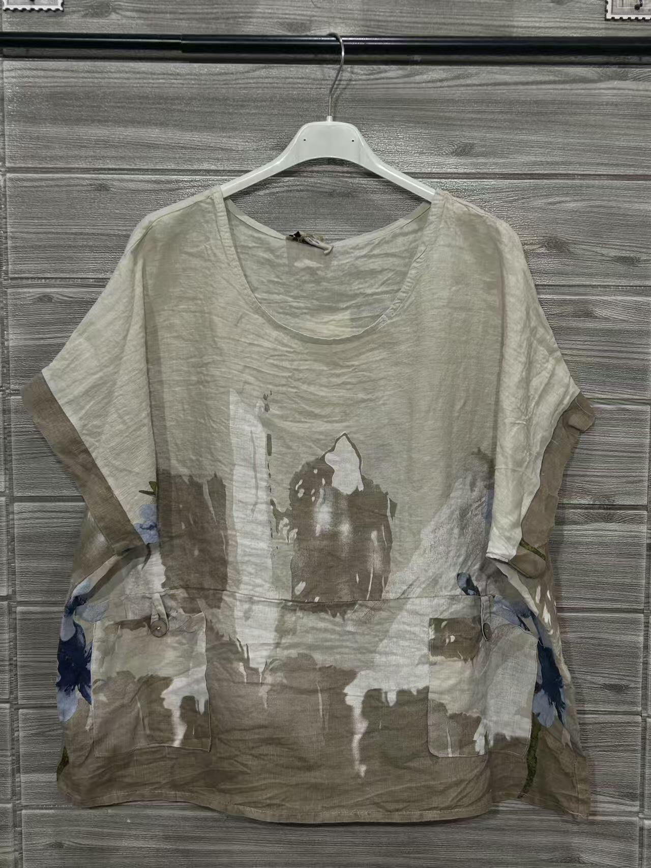 ZOSW1EC Watercolor Floral Linen Top Ecru