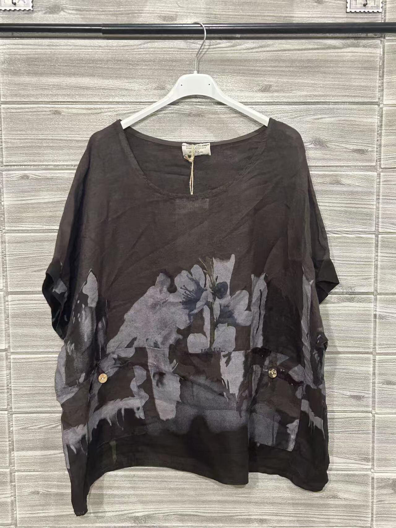 ZOSW1BR Watercolor Floral Linen Top Brown