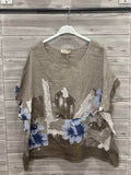 ZOSW1TP Watercolor Floral Linen Top Taupe