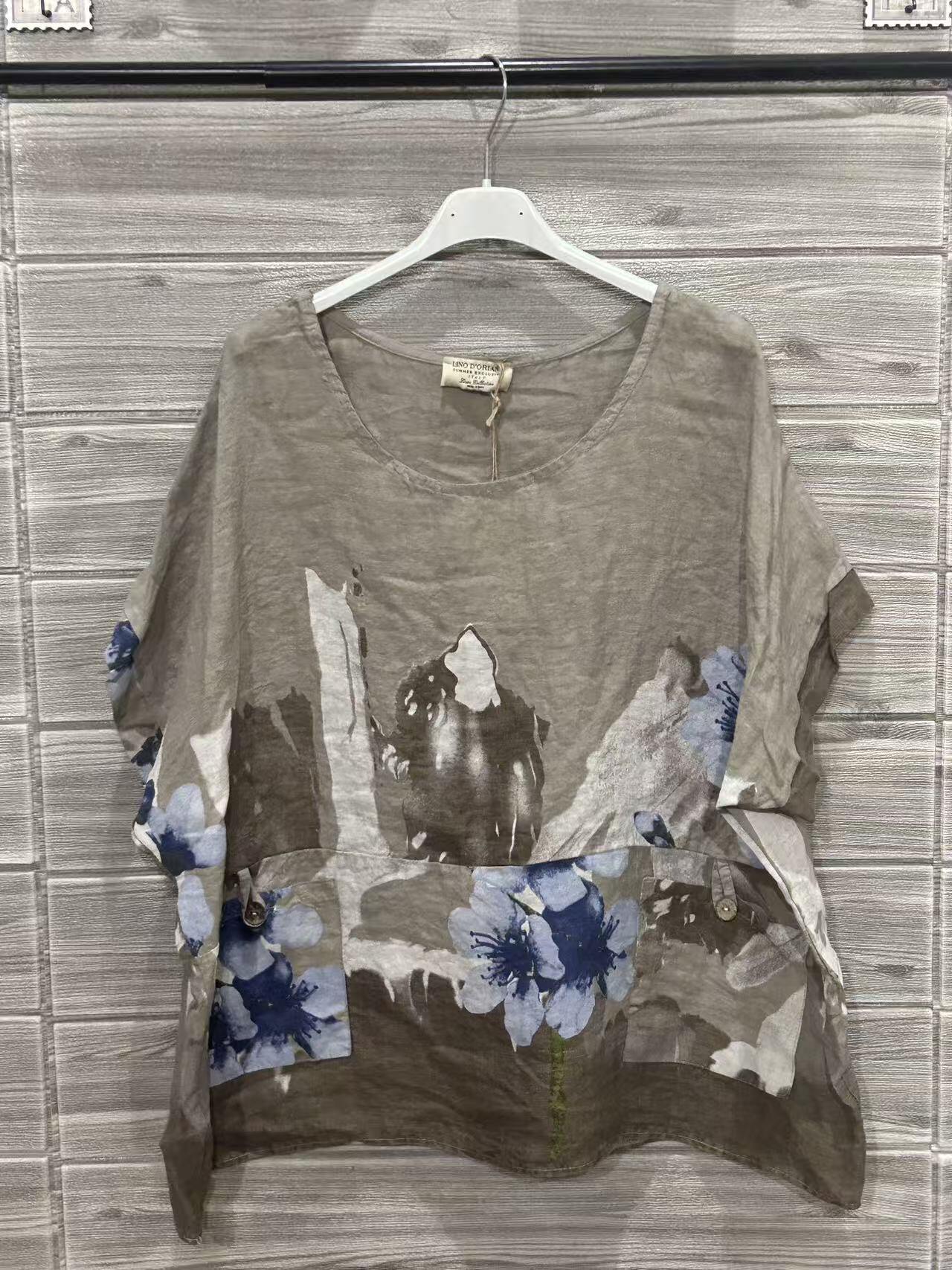ZOSW1TP Watercolor Floral Linen Top Taupe