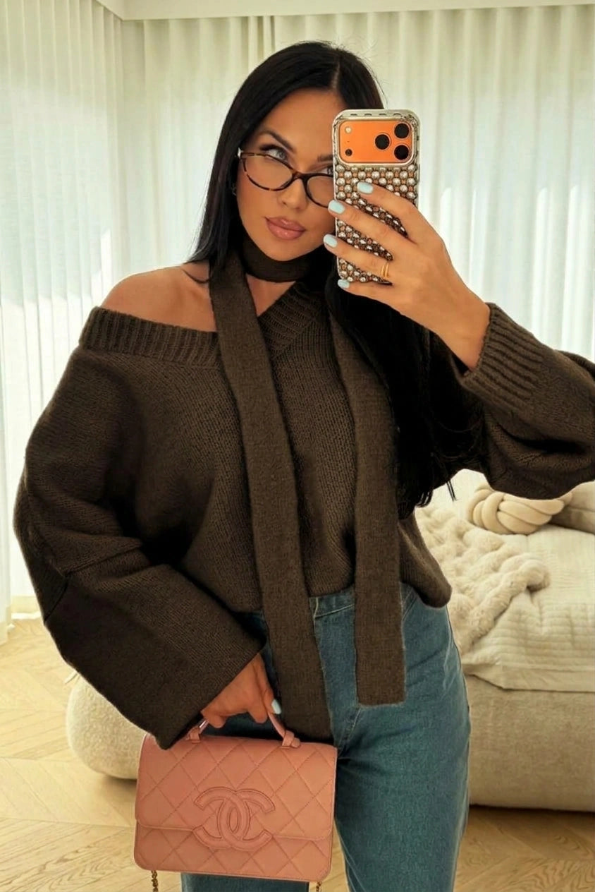 ESTSC6 Dark Brown Scarf Knit Sweater