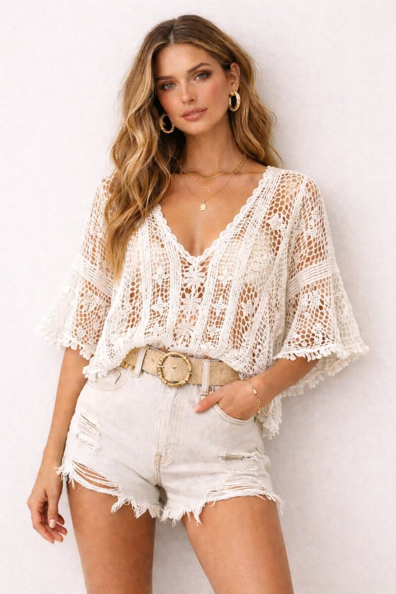 LUVMS V-Neck Mesh Crochet Sweater Cotton One Size S/M