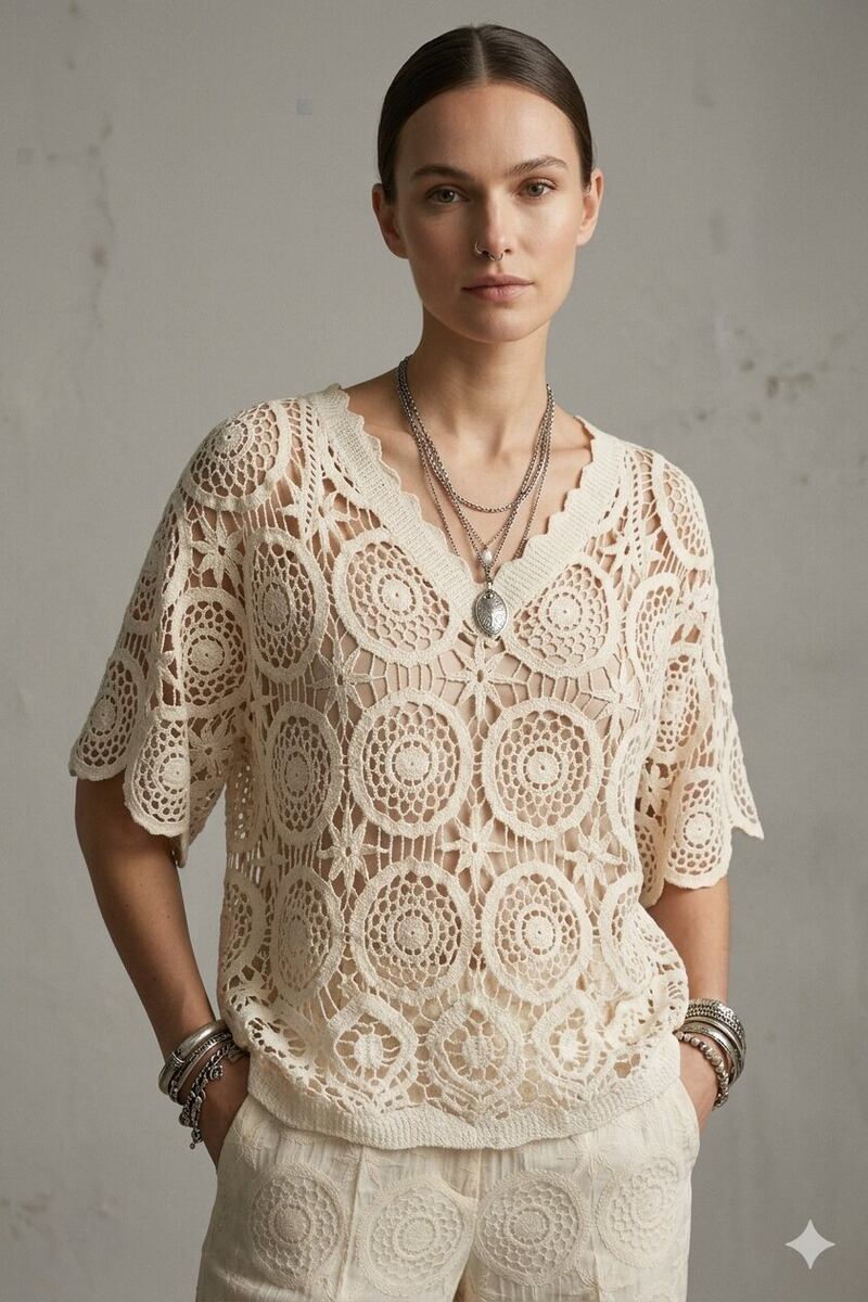 LUVES V-Edge Crochet Sweater Cotton One Size S/M