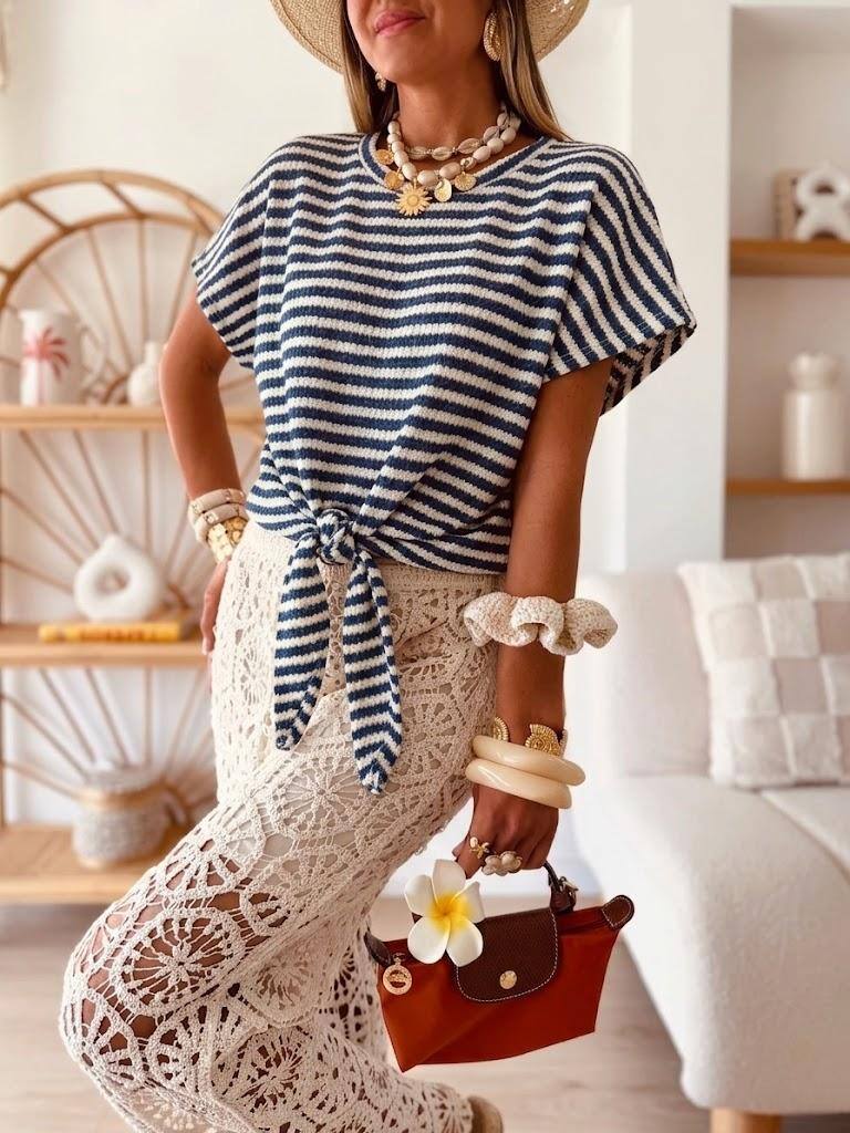 ESTCSDB Striped Cotton Sweater Denim Blue