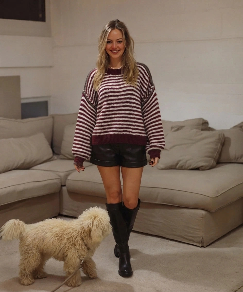 ESTSW1 Burgundy Striped Knit Sweater