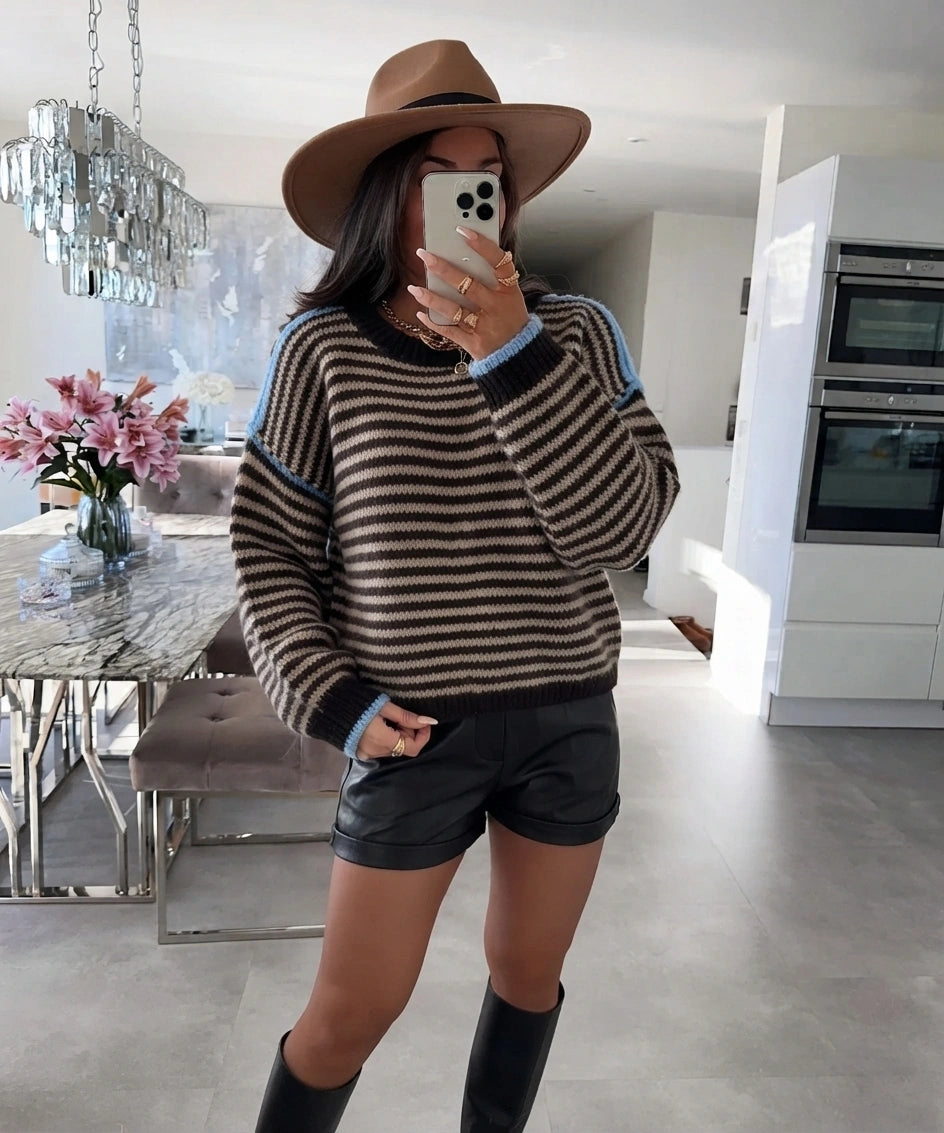 ESTSW4 Dark Brown Striped Knit Sweater