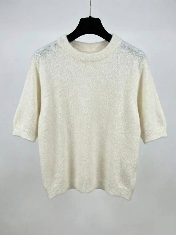 MYSSBASW Short Sleeve Baby Alpaca Sweater T-Shirt White