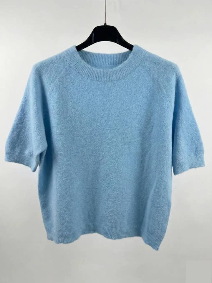 MYSSBASSB Short Sleeve Baby Alpaca Sweater T-Shirt Sky Blue