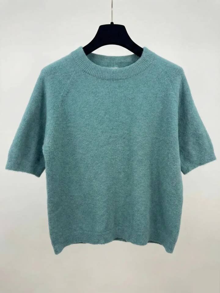 MYSSBASCE Short Sleeve Baby Alpaca Sweater T-Shirt Celadon