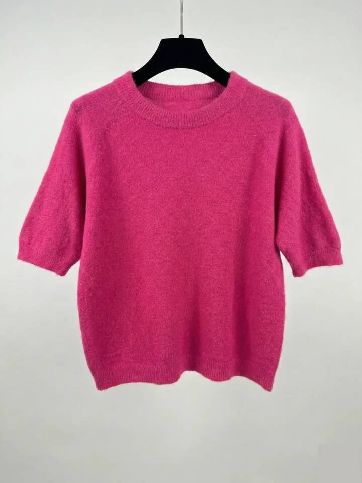MYSSBASFU Short Sleeve Baby Alpaca Sweater T-Shirt Fuchsia