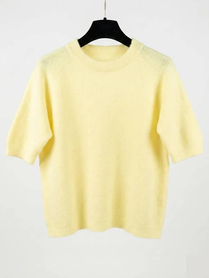 MYSSBASLY Short Sleeve Baby Alpaca Sweater T-Shirt Light Yellow