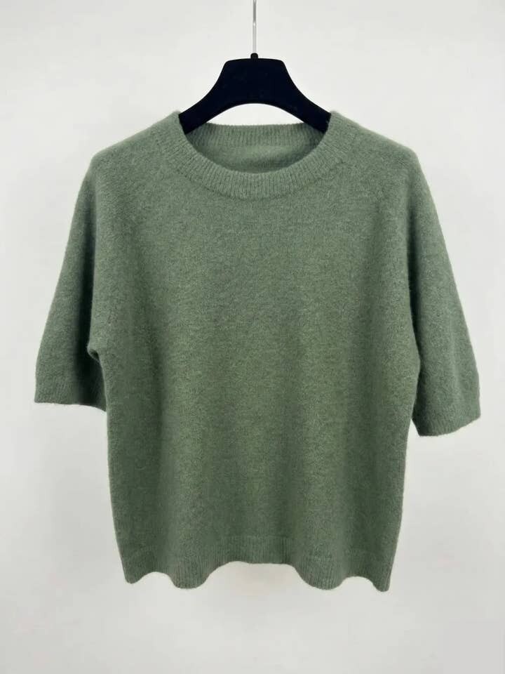 MYSSBASKK Short Sleeve Baby Alpaca Sweater T-Shirt Kaki