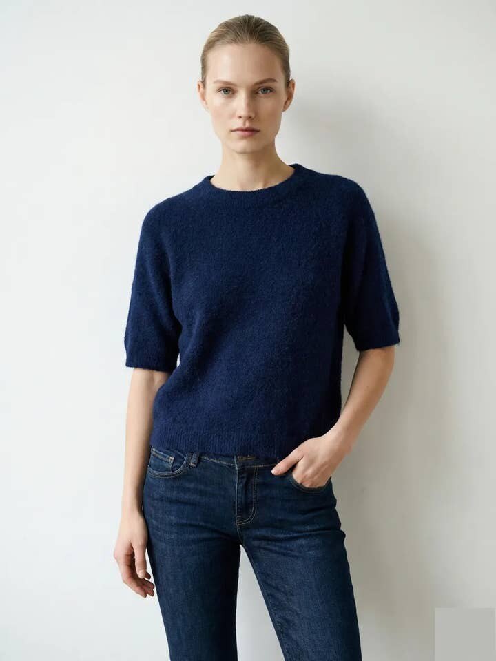 MYSSBASNV Short Sleeve Baby Alpaca Sweater T-Shirt Navy