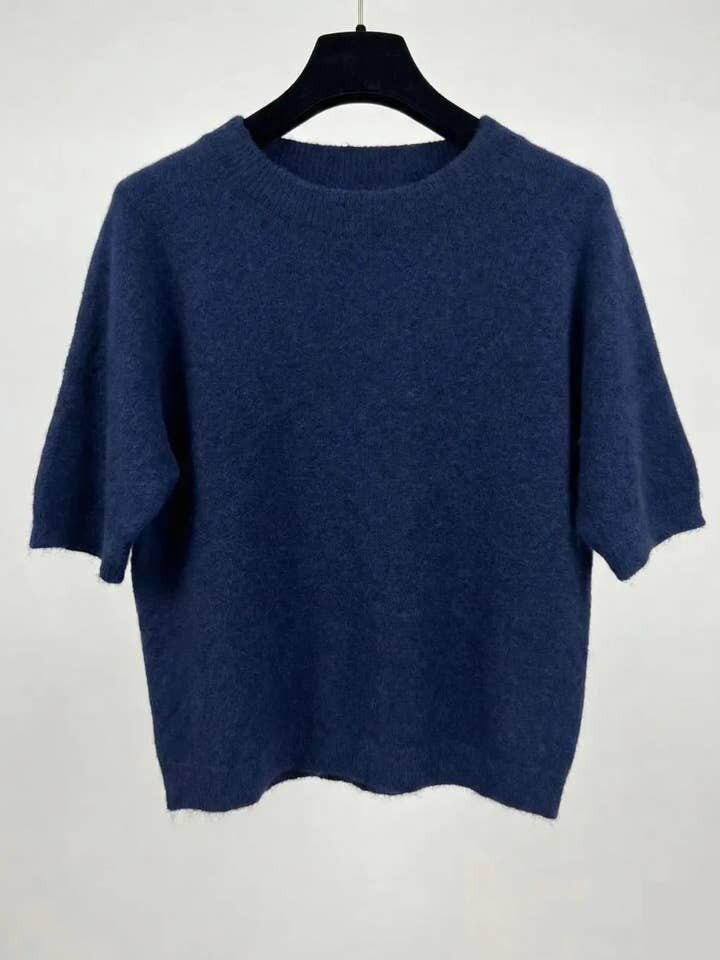 MYSSBASNV Short Sleeve Baby Alpaca Sweater T-Shirt Navy