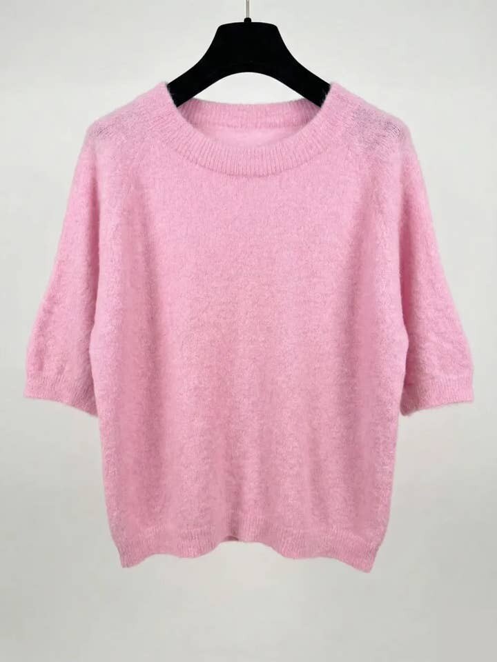 MYSSBASPK Short Sleeve Baby Alpaca Sweater T-Shirt Pink