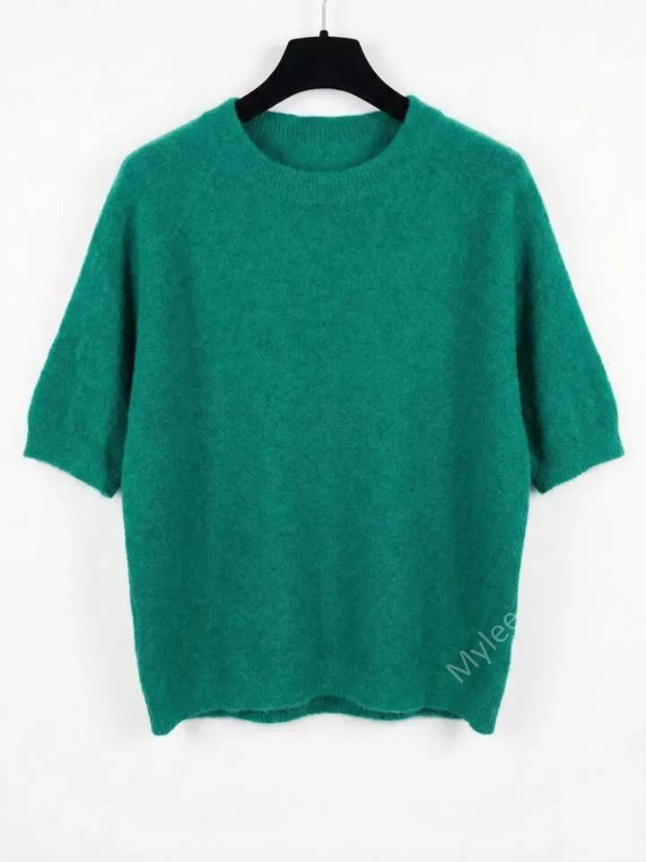 MYSSBASDG Short Sleeve Baby Alpaca Sweater T-Shirt Dark Green