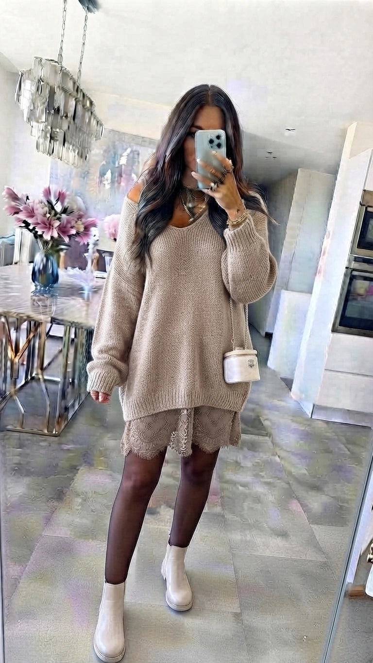 ESTLV7 Beige Lace Trim Sweater