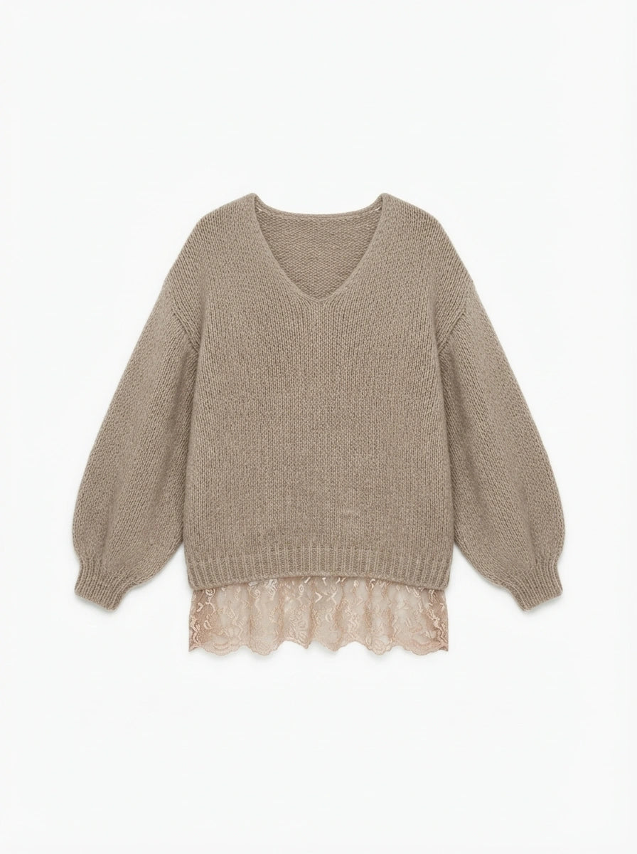 ESTLV7 Beige Lace Trim Sweater