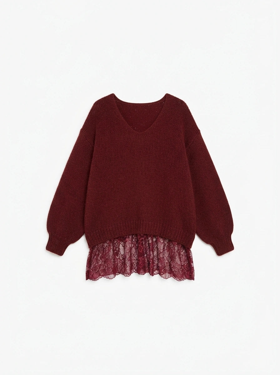 ESTLV1 Burgundy Lace Trim Sweater