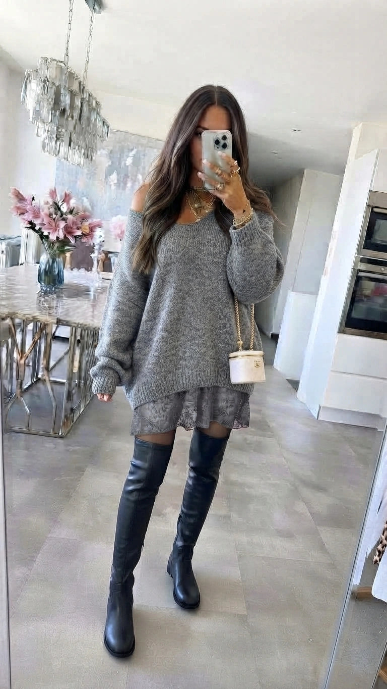 ESTLV3 Gray Lace Trim Sweater