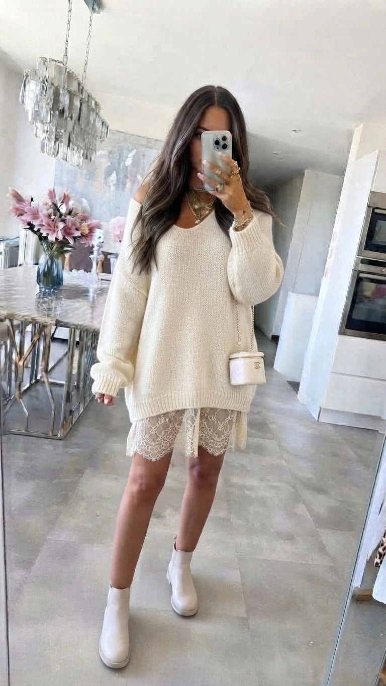 ESTLV4 Ivory Lace Trim Sweater