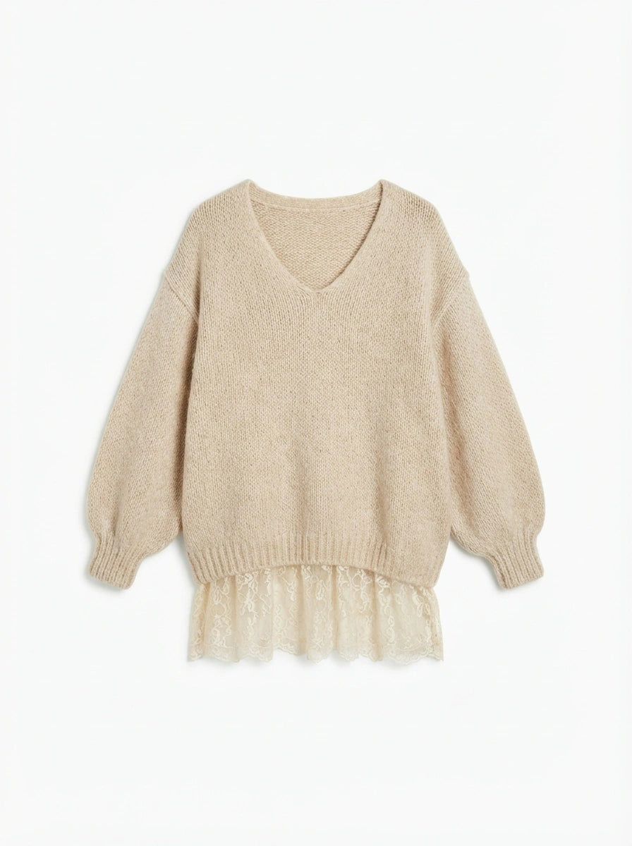 ESTLV4 Ivory Lace Trim Sweater