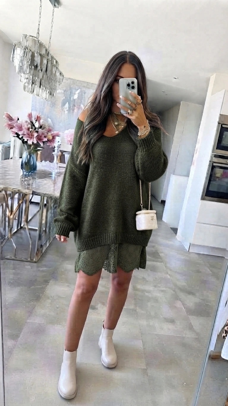 ESTLV5 Khaki Lace Trim Sweater
