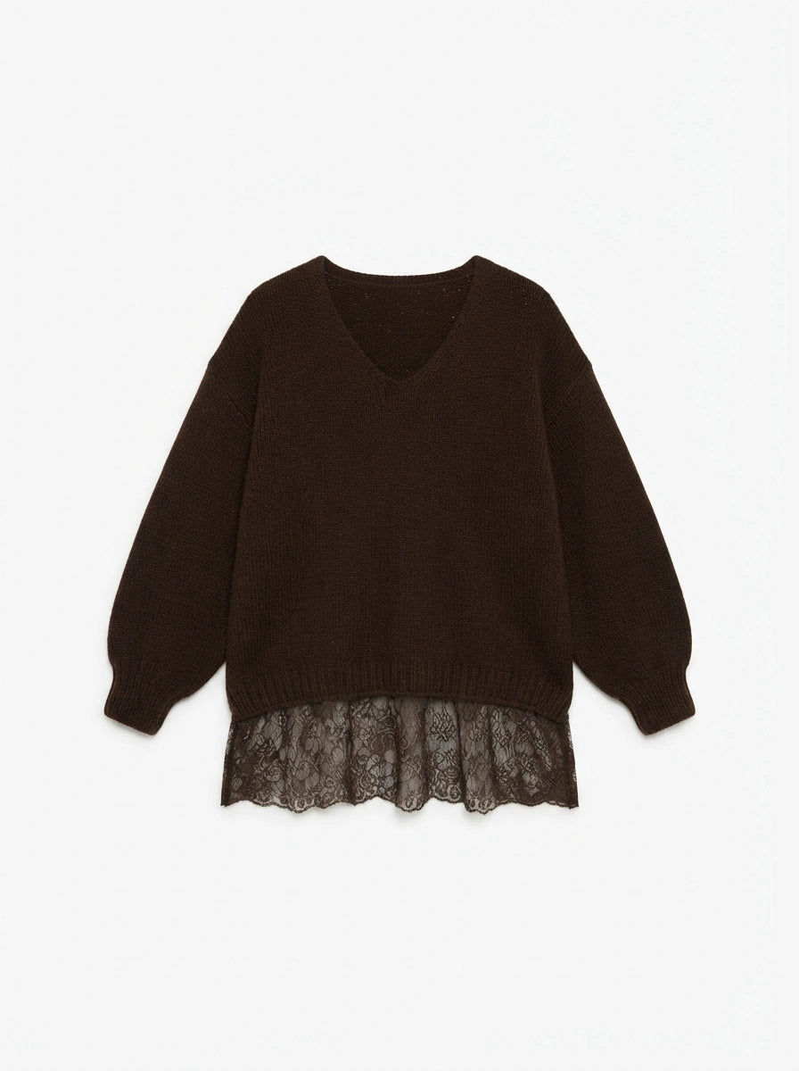 ESTLV6 Brown Lace Trim Sweater