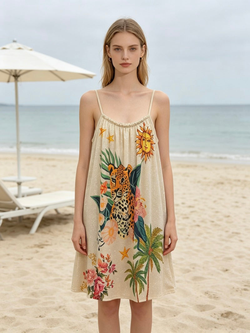 LSTFLBG Tropical Floral Cotton Midi Dress Beige