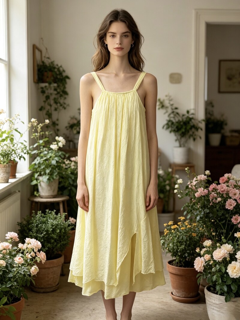 LSCRKYL Crinkle Cotton Dress Yellow